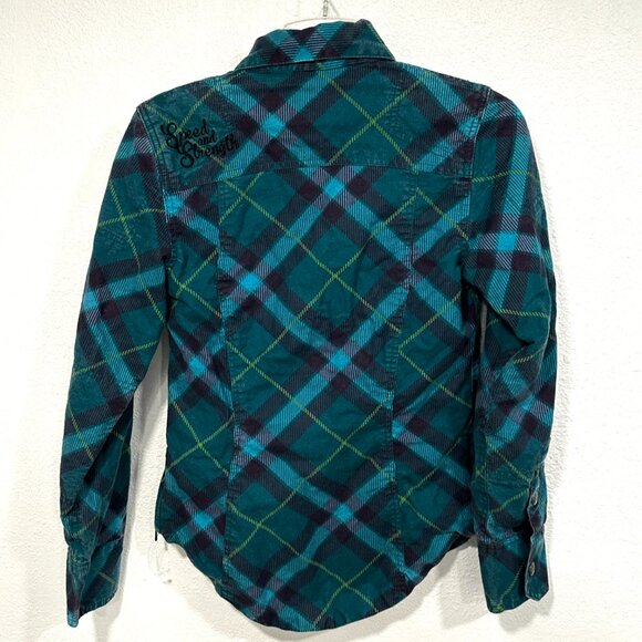 Speed and Strength Womens Reinforced Moto Shirt Teal Plaid Zip and Snap Sz Small - Picture 2 of 13